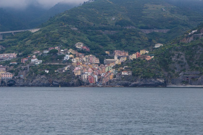 Riomaggiore from water foggy morning